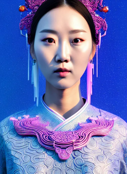 Image similar to 3 d goddess waist shot portrait. beautiful intricate highly detailed korean dokkaebi skull and traditional korean hanbok. elegant stingray, magpie, iridescent, plasma, lava, ice, water, wind, creature, volumetric lighting, twilight forest background, artwork by tooth wu and wlop and beeple and greg rutkowski, 8 k trending on artstation,