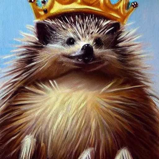 Prompt: Beautiful Oil painting of a Hedgehog with a crown