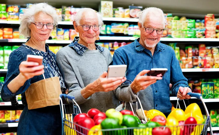 Prompt: close - up photo of old norwegian couple in a grocery shop, scanning groceries with their smartphones, holding up their smartphones, displaying qr codes, shopping carts full of groceries, long line of people in background, advertisement photo by cindy sherman