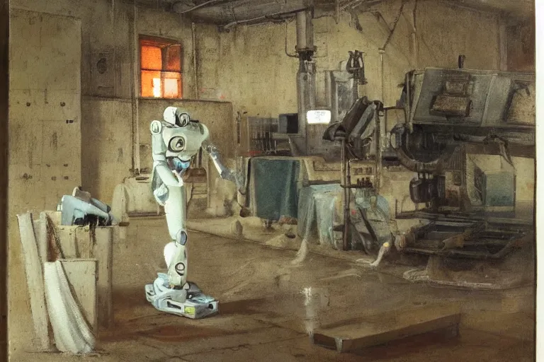 Prompt: a scene with a anime figurine that looks like a white plastic industrial robot with fluo colored details covered in pastel colors, moody light, flemish painting