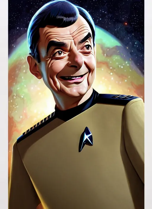 Image similar to cute star trek officer mr bean, natural lighting, path traced, highly detailed, high quality, digital painting, by don bluth and ross tran and studio ghibli and alphonse mucha, artgerm