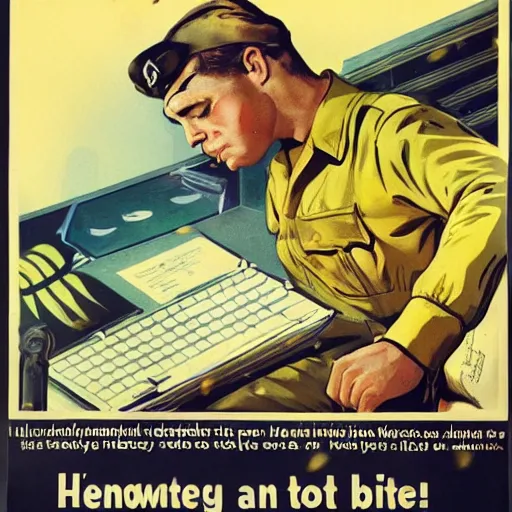 Image similar to a man sleeping at a computer is stung by a bumblebee, ww 2 allied propaganda poster, no text, highly detailed