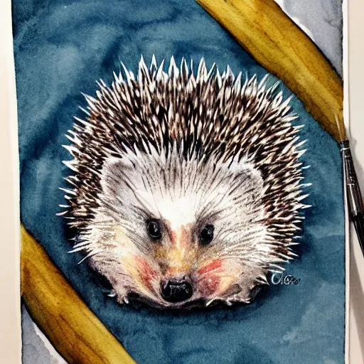 Prompt: a hedgehog in a cozy blanket on a rainy day, watercolor and ink by Usman Connor