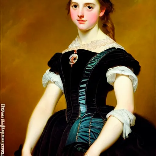 Image similar to portrait of a german teenage princess, circa 1 8 5 0 by franz xaver winterhalter, highly detailed, beautiful, oil on canvas, 1 8 5 0 s, romanticism