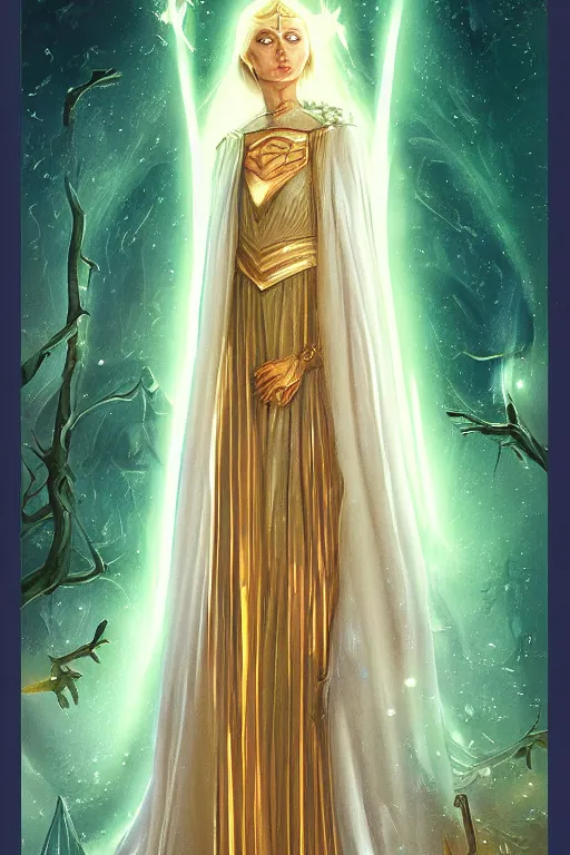 Image similar to tarot illustration of galadriel as the empress by artstation