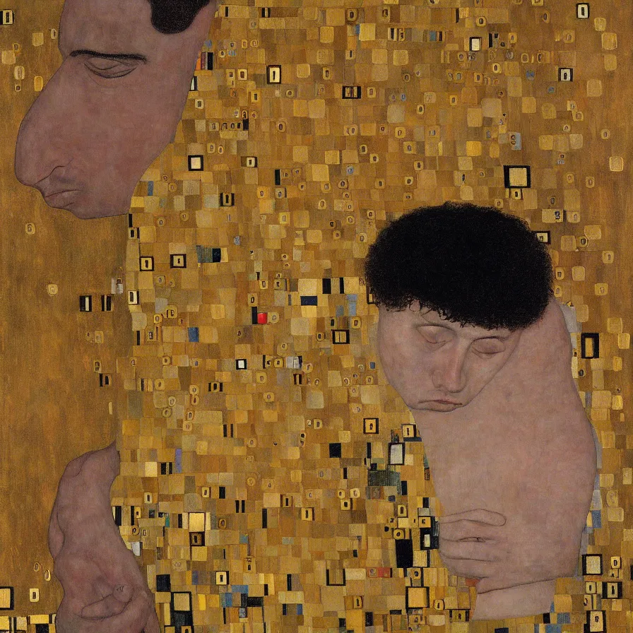 Prompt: a man with a stormy cloud in the place of his head. artwork by gustav klimt