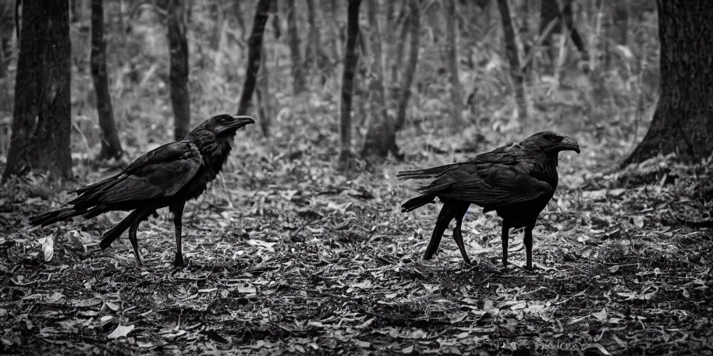 Image similar to mixture between an!! crow and! wolf, photograph captured in a dark forest