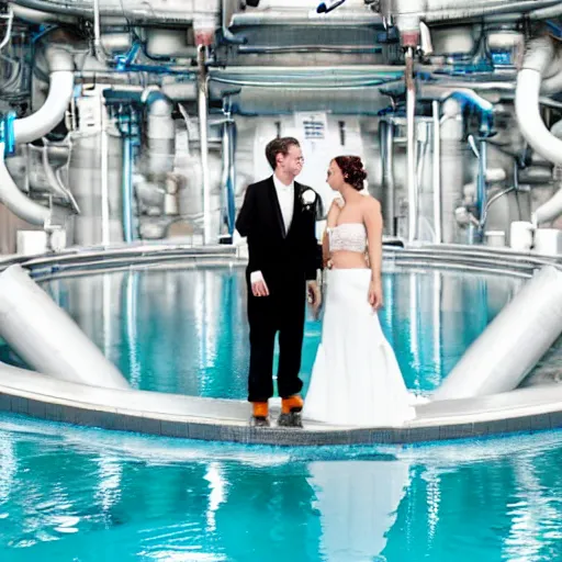 Prompt: a bride and groom embrace in the pool of a nuclear reactor, wedding photo,