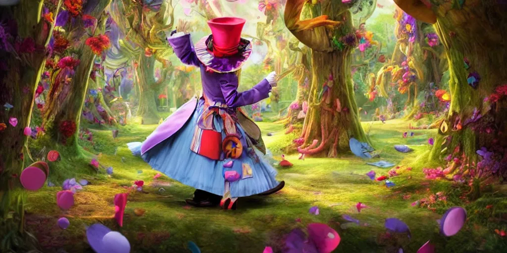 Image similar to The Mad Hatter, Alice in wonderland, colorful, wide angle, super highly detailed, professional digital painting, artstation, concept art, smooth, sharp focus, no blur, no dof, extreme illustration, Unreal Engine 5, Photorealism, HD quality, 8k resolution, cinema 4d, 3D, beautiful, cinematic, art by artgerm and greg rutkowski and alphonse mucha and loish and WLOP