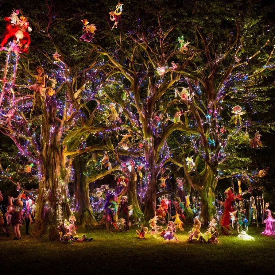 Prompt: photography award of a night carnival fairies around a magical tree, christmas lights, creatures and fantastic people disguised as fantastic creatures in a magical forest by summer night, masterpiece photography by gregory crewdson and john anster fitzgerald, volumetric lightning