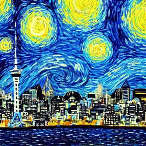 Prompt: Auckland skyline on a starry night painted by van gogh