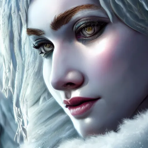 Image similar to highly detailed close up portrait of Skadi, goddess of winter, digital art, concept art, character art, studio lightning, bright colors, intricate, masterpiece, photorealistic, hiperrealistic, sharp focus, high contrast, Artstation HQ, DeviantArt trending, 4k UHD, Unreal Engine 5