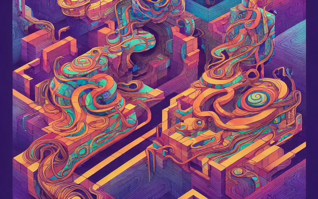 Image similar to twisted turn of fate abstraction, centered award winning ink pen illustration, isometric abstract illustration by dan mumford, edited by craola, technical drawing by beeple and tooth wu, tiny details by artgerm and watercolor girl, symmetrically isometrically centered