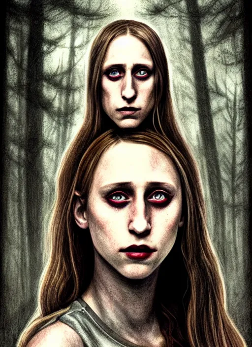 Image similar to gorgeous Taissa Farmiga full body slasher killer holding bloody knife, realistic character concept, spooky, illustration, symmetrical face and body, realistic eyes, cinematic lighting, hyperdetailed, detailed realistic symmetrical eyes, 8k, high resolution, Charlie Bowater, Tom Bagshaw, single face, insanely detailed and intricate, beautiful, elegant, dark forest and trees, vfx, postprocessing