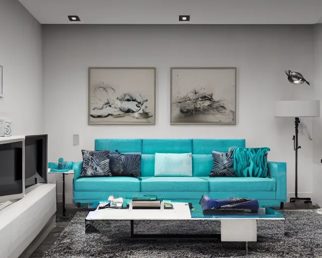 Prompt: A modern living room in a ocean hues style, calm, realsxed style, harmony, wide angle shot, 8k resolution