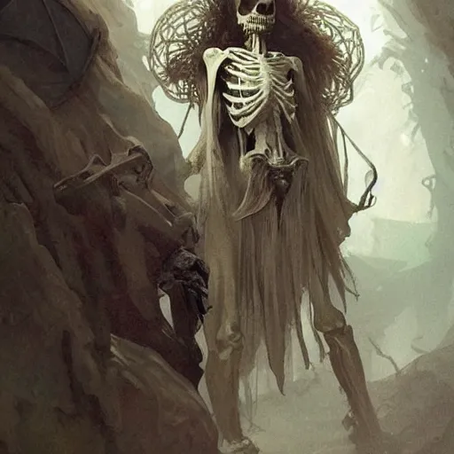 Prompt: “a skeleton in ragged clothes, creepy smile, D&D, fantasy, intricate, cinematic lighting, highly detailed, digital painting, artstation, concept art, smooth, sharp focus, illustration, art by Artgerm and Greg Rutkowski and Alphonse Mucha”