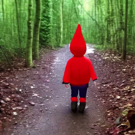 Image similar to bad quality screenshot of a leaked video of a small person dressed as gnome walking through a forest trail, photo taken from far away, night time, bright camera flash, camera shaking, disturbing, very scary, realistic, very disturbing, ultrarealistic, 480p, scary