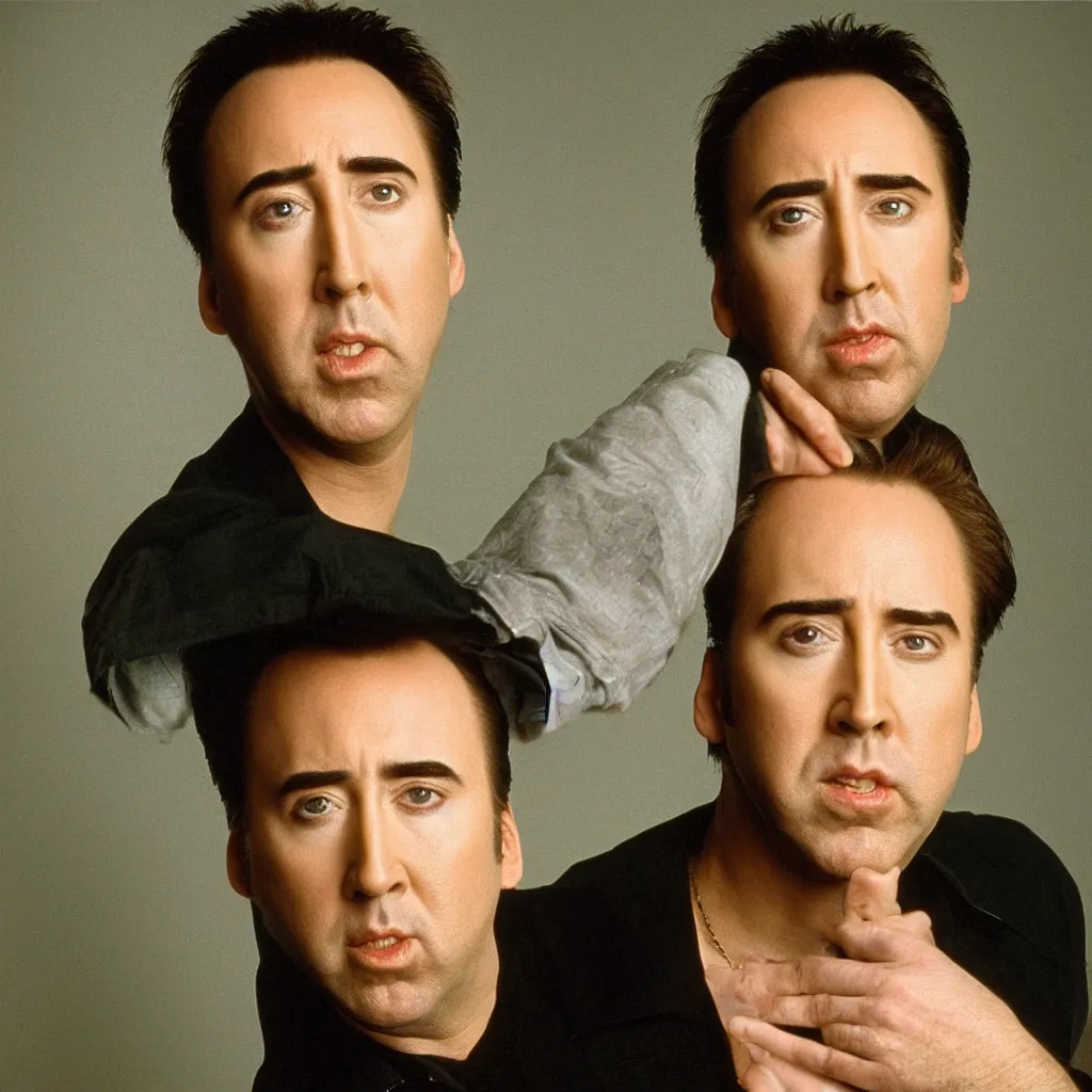 Image similar to nicolas nick cage headshot 1 9 9 9 photograph straight on color