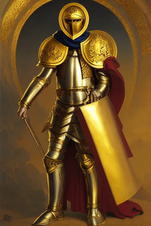 Image similar to man looking forward in decorated with gold baroque style christian crusader armor, helmet covering a his face covered and decorated with golden cross on it and white cape covering half of his body standing at the gates of jerusalem drawn by greg rutkowski realistic high detail