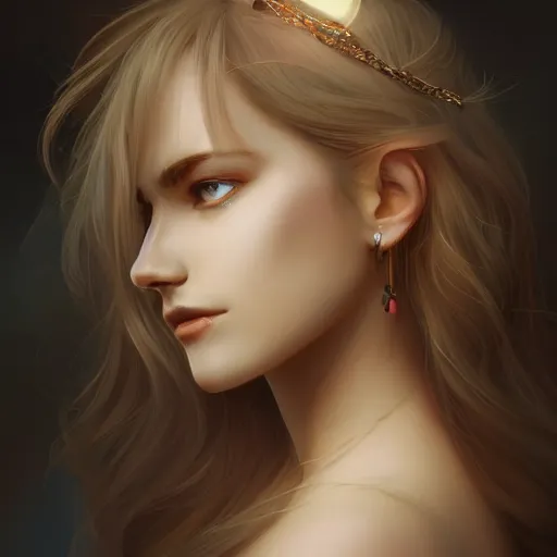 Image similar to beautiful female portrait, inner glow, symmetric face, flowing hair, under the moonlight, gemstone necklace, by wlop, trending on artstation, cgsociety