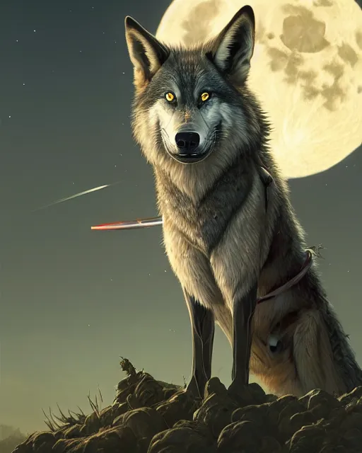 Prompt: highly detailed surreal vfx portrait of a samurai wolf in front of a full moon, stephen bliss, unreal engine, greg rutkowski, loish, rhads, beeple, makoto shinkai and lois van baarle, ilya kuvshinov, rossdraws, tom bagshaw, alphonse mucha, global illumination, detailed and intricate environment