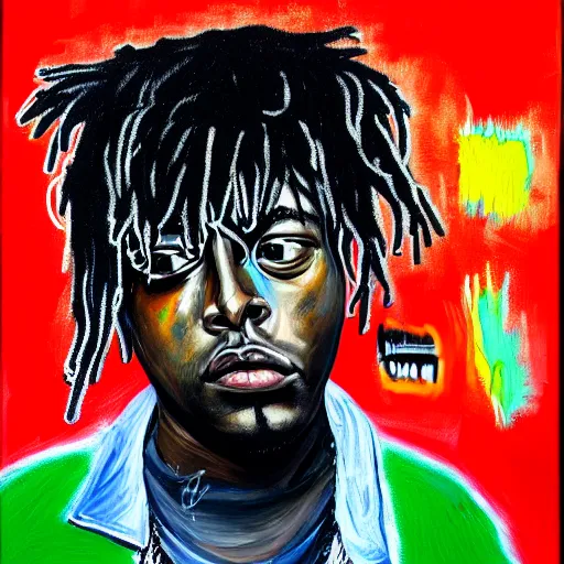 Prompt: detailed neo expressionism oil painting of sad boy juice wrld rapper by basquiat