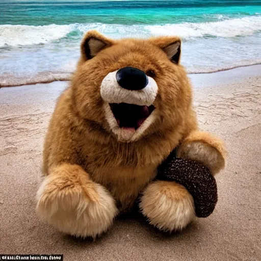 Prompt: an adorable fierce furry monster that looks like a very chubby wolf rabbit ears and teddy bear body, Smiling at the camera with a mischievous grin, happy lighting, at a tropical beach