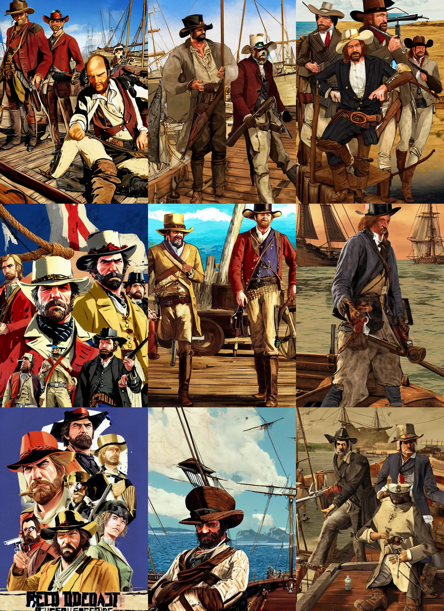 Prompt: master and commander far side of the world, red dead redemption art style, rockstar games art, semi - realistic anime