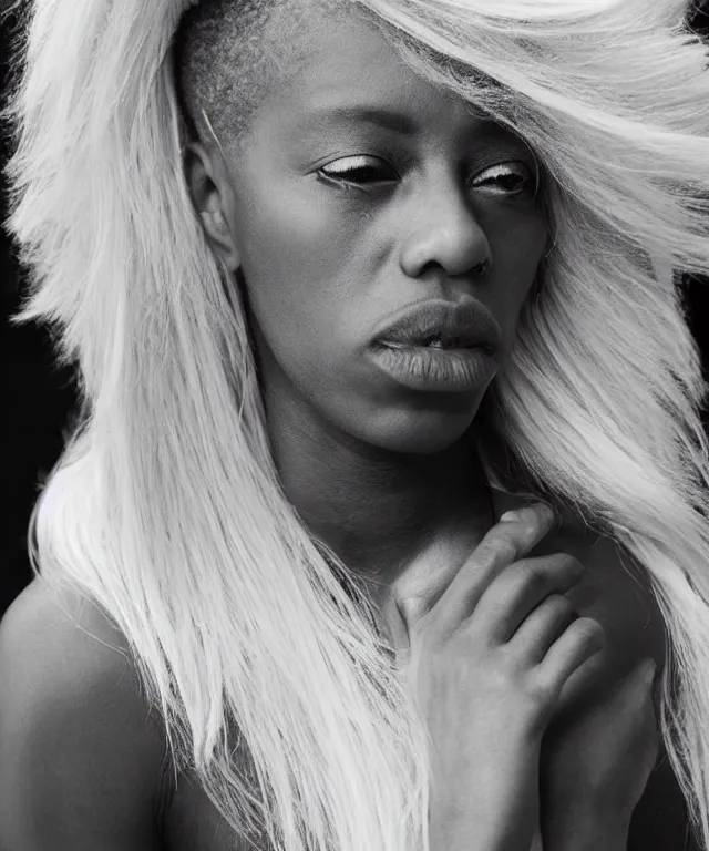 Image similar to a color photograph of a non binary model, platinum blonde, by carrie mae weems, intense, bold, hyperrealistic, ultra sharp, extra details, ultra high quality, trending on pinteresst