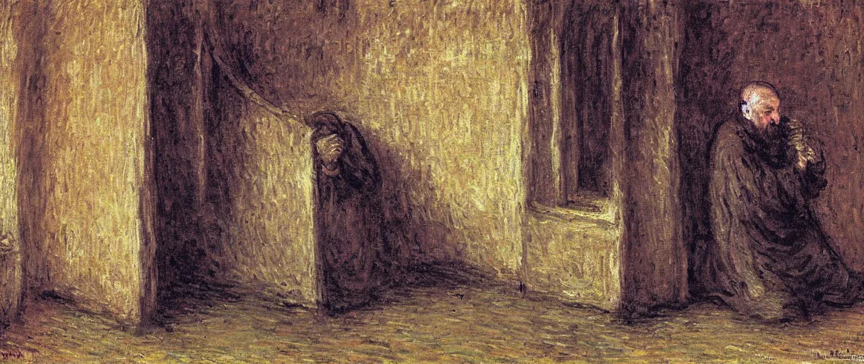 Image similar to a medieval monk very drunk and depressed in his cell; a painting by Claude Monet