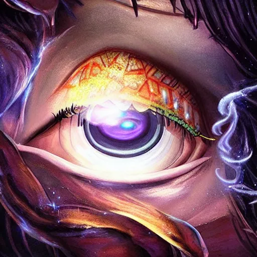 Image similar to giant eye magic spell, magic spell surrounded by magic smoke, hearthstone coloring style, epic fantasy style art, fantasy epic digital art