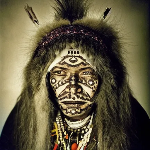 Prompt: face portrait of a shaman, Siberian, facial tattoos, photo by annie leibovitz