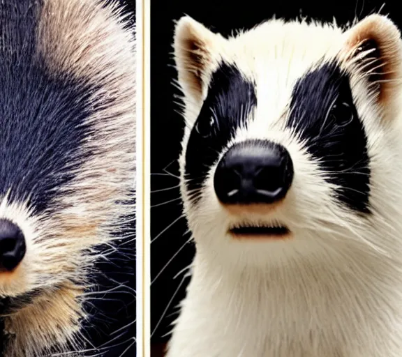 Prompt: elon musk face made of skunk animal, closeup detailed, tesla car, studio photo