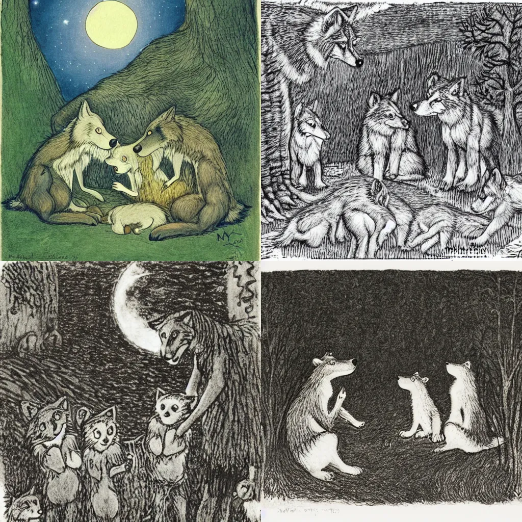 Prompt: a wolf den at night, a mother wolf speaking to her cubs, by maurice sendak