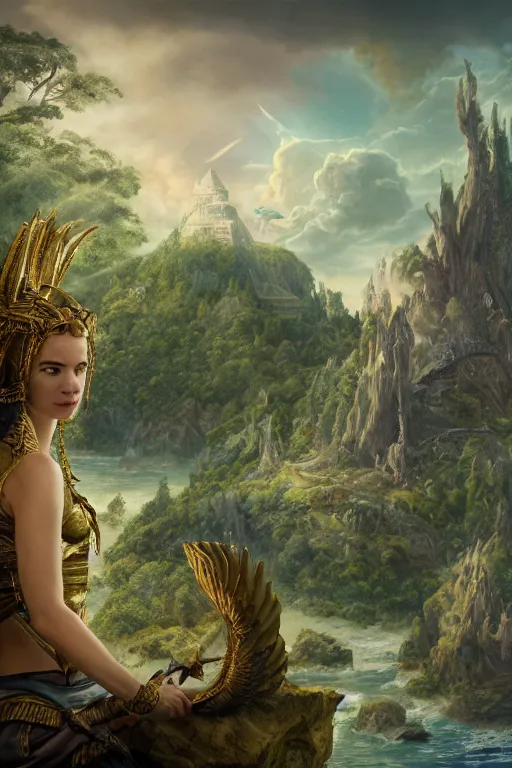 Image similar to A fantasy book style portrait painting of the Great Turtle Island at the center of the Universe, accompanied by a hybrid, Anya_Taylor-Joy, Cory Chase, Eva Green, as a Mystical Valkyrie, Anubis-Reptilian, Atlantean Warrior, François Boucher, Oil Painting, unreal 5, DAZ, hyperrealistic, octane render, Regal, Refined, Detailed Digital Art, RPG portrait, Walt Disney (1937), William-Adolphe Bouguereau, Michael Cheval, Steampunk, Volumetric Golden dappled dynamic lighting, Highly Detailed, Cinematic Lighting, Unreal Engine, 8k, HD