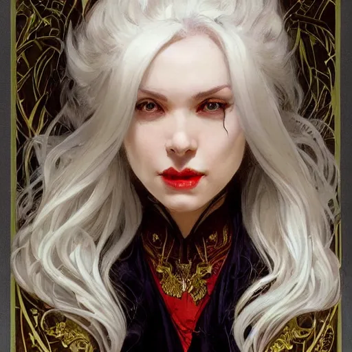 Image similar to portrait of a menacing beautiful vampire, top half of body, by Stanley Artgerm Lau , greg rutkowski, thomas kindkade, alphonse mucha, loish, norman rockwell, J. C. Leyendecker. bright white hair, pale skin, angry complexion, beautiful detailed eyes, black rose frame. D&D, fantasy. Trending on artstation rule of thirds extremely detailed old illustration hd 4k