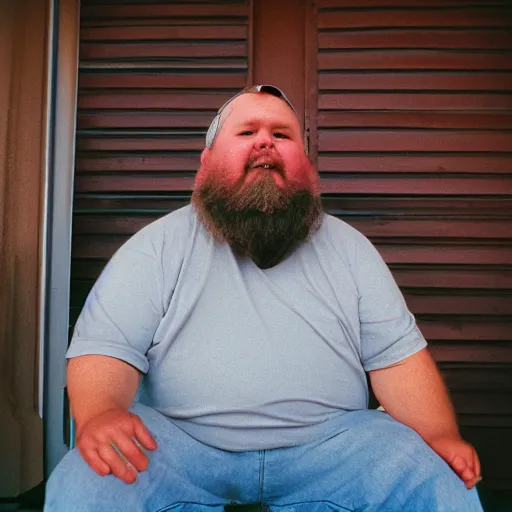 Image similar to close up portrait of fat redneck man sitting on front porch of house, award winning, kodak gold 2 0 0,