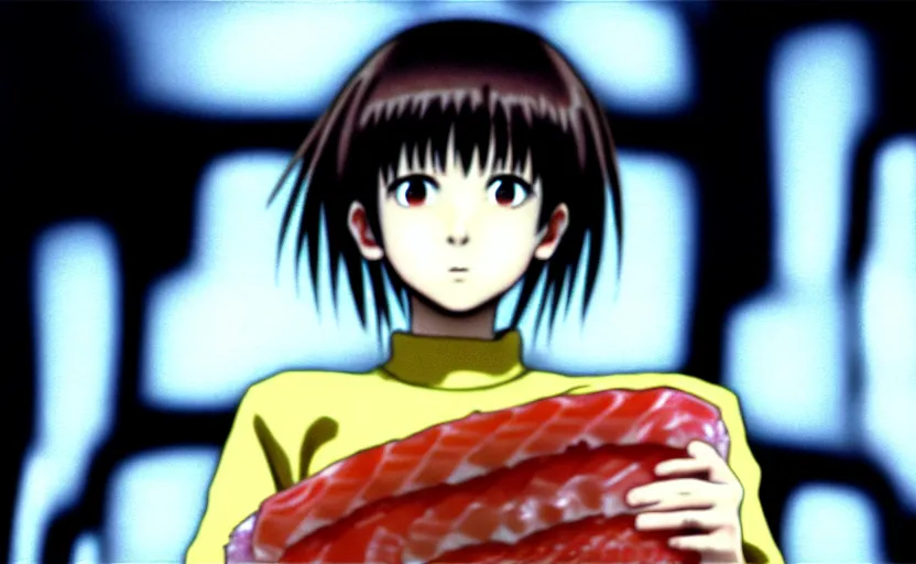 Image similar to lain holding a big piece of sushi, screenshot from serial experiments lain, anime portrait, 8 k,