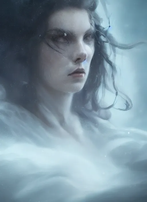 Image similar to a close up portrait of a creepy sea witch with dark turbulent skies, photorealistic, by jessica rossier, 4 k resolution