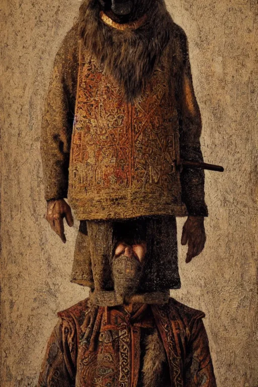 Image similar to Slavic dog head man, woolen torso in medieval clothes, Orthodox , oil painting, hyperrealism, beautiful, high resolution, trending on artstation, holding axe,