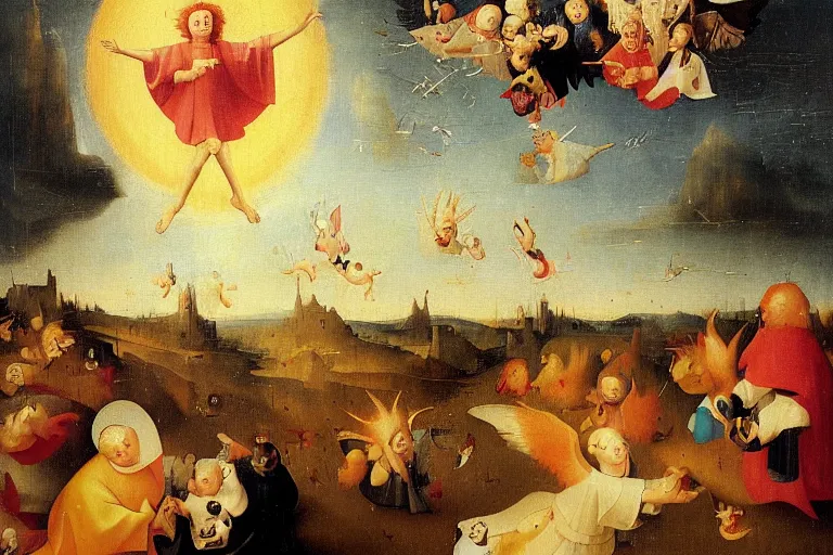 Prompt: ronald mcdonald as an angel ascending into the heavens with wings made of french fries, cute chicken nuggets flying all around, sunbeams, clouds, oil on panel, triptch, by hieronymus bosch