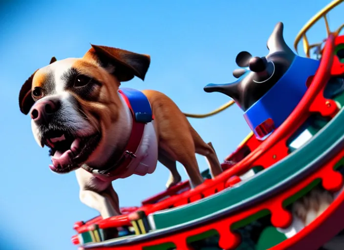 Image similar to film still of a dog riding a roller coaster in disneyland paris, 8 k