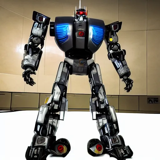 Prompt: transforming robot autobot standing tall with weapon drawn ready for battle, full body