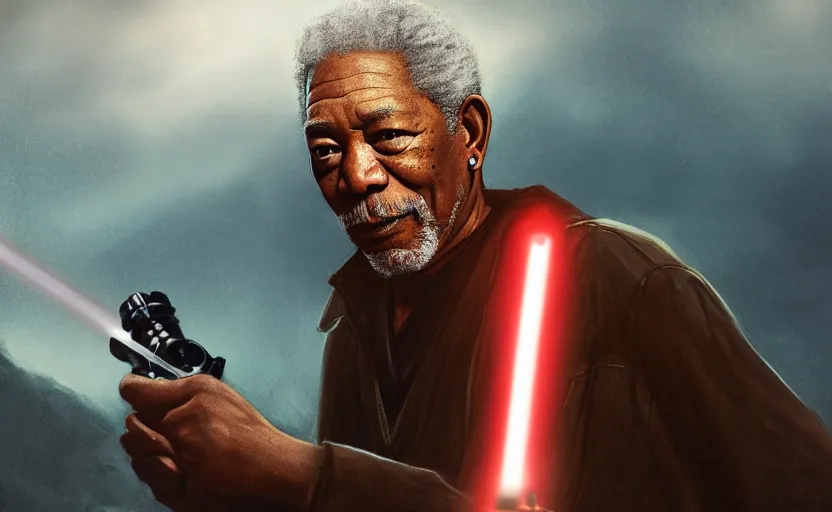 Prompt: morgan freeman holding a lightsaber, water landscape, dramatic lighting, cinematic, establishing shot, extremly high detail, photorealistic, cinematic lighting, post processed, concept art, artstation, matte painting, style by greg rutkowsky