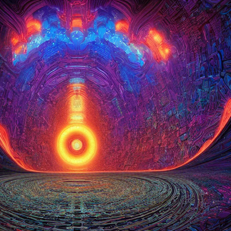 Prompt: an expansive octane redshift rendering of beautiful and complex interwoven timespace rift continuum portal fractal quantum by dan mumford, ombre, by jim fitzpatrick, by joe wilson, by jim burns, by victo ngai, by jacek yerka, featured on deviant art, trending on artstation