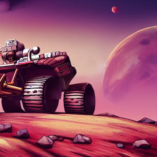 Prompt: rover exploring ancient ruins in mars, retrowave epic art, trending on art station