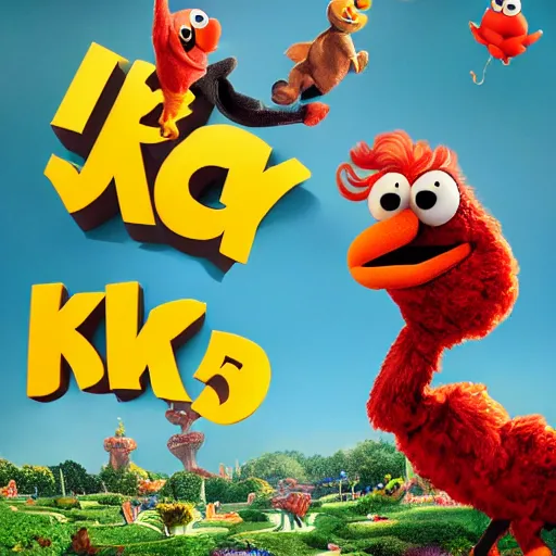 Image similar to stunning, coherent, impressive, detailed still of black family kicking elmo in a fantasy dream world park, follow shot, 3d, in the style of pixar, comic book style, 3d, highly detailed, sharp focus, bokeh, depth of field, 16k resolution, Unreal Engine 5, coherent, cinematic lighting, photorealistic, by Zhang Jingna