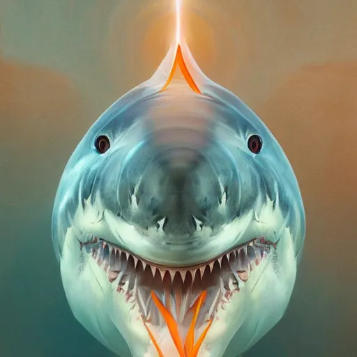 Image similar to great white shark, traffic cones as fins, underwater background detailed atmospheric - ron cheng & alphonse mucha, highly detailed, digital painting, ray tracing, concept art, illustration, smooth sharp focus, intricate, symmetry, artstation,