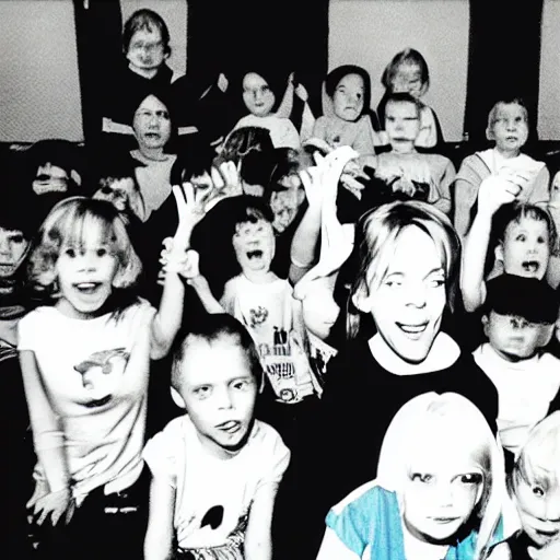 Prompt: Iggy Pop as Kindergarten teacher with plenty of toddlers, full room perspective, photo, vintage filter