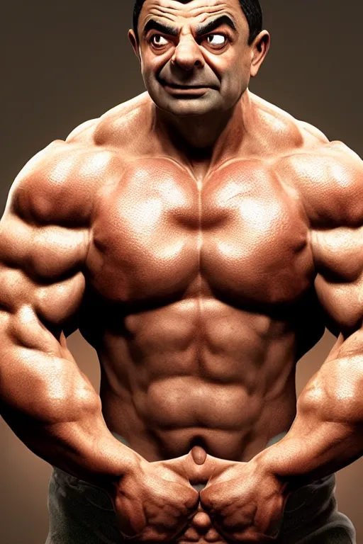 Image similar to upper body portrait of a hulking bulky swole steroids musclebound huge bodybuilder muscular herculean chiseled mr bean rowan atkinson, cinematic lighting, photorealistic, octane render, 8 k, depth of field, 3 d, art by artgerm and greg rutkowski and alphonse mucha and uang guangjian and gil elvgren and sachin ten